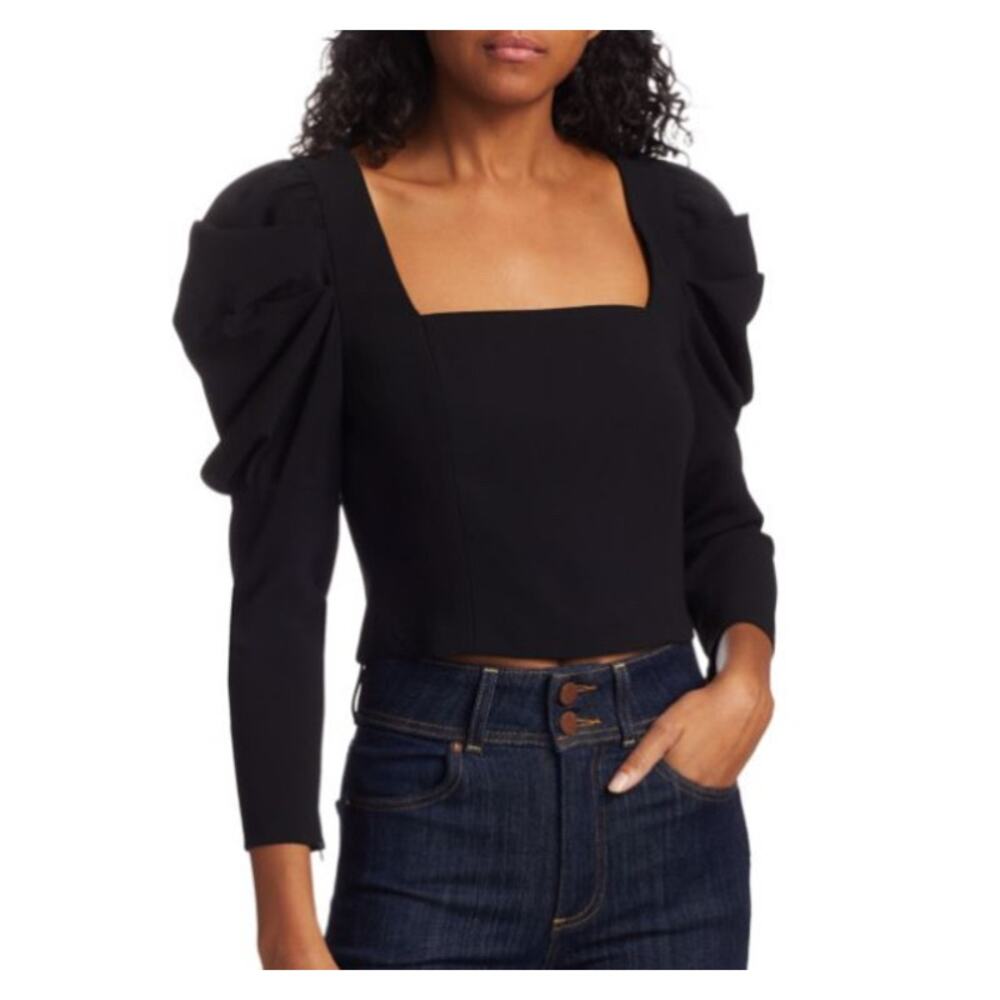 Alice + Olivia Rach Black Long Puff Sleeve Top